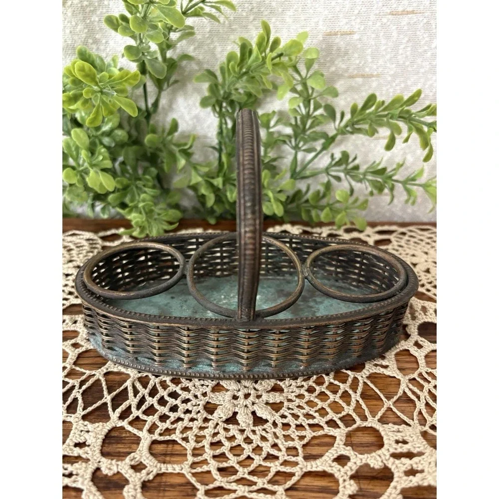 Vintage Silverplate Cruet Stand Woven Basket Condiment Caddy 3 Bottle Holder